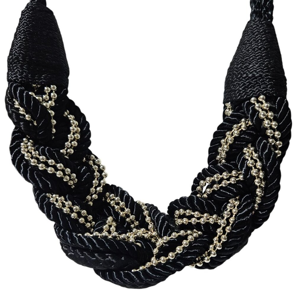 Elegant Chunky Black Braided Rope Necklace Gold Beads Hook Clasp Fashion Jewelry